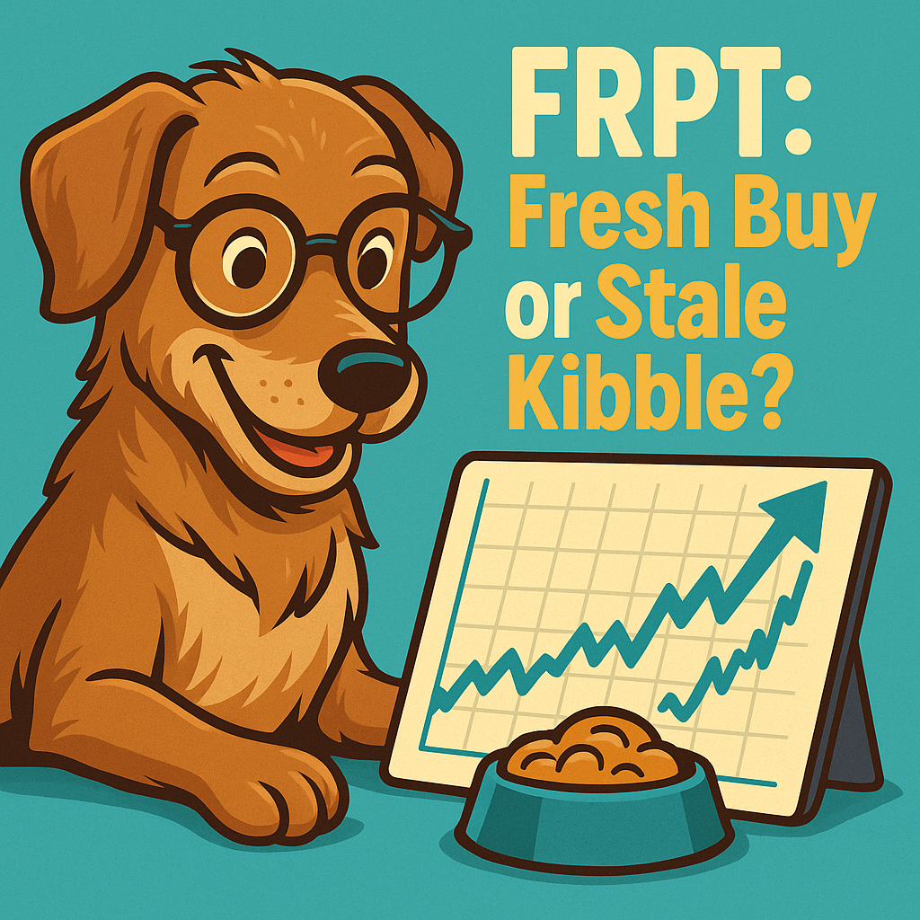 A playful digital illustration of a dog wearing glasses and reading a stock chart, symbolizing Freshpet’s stock recovery potential and insider buying activity.