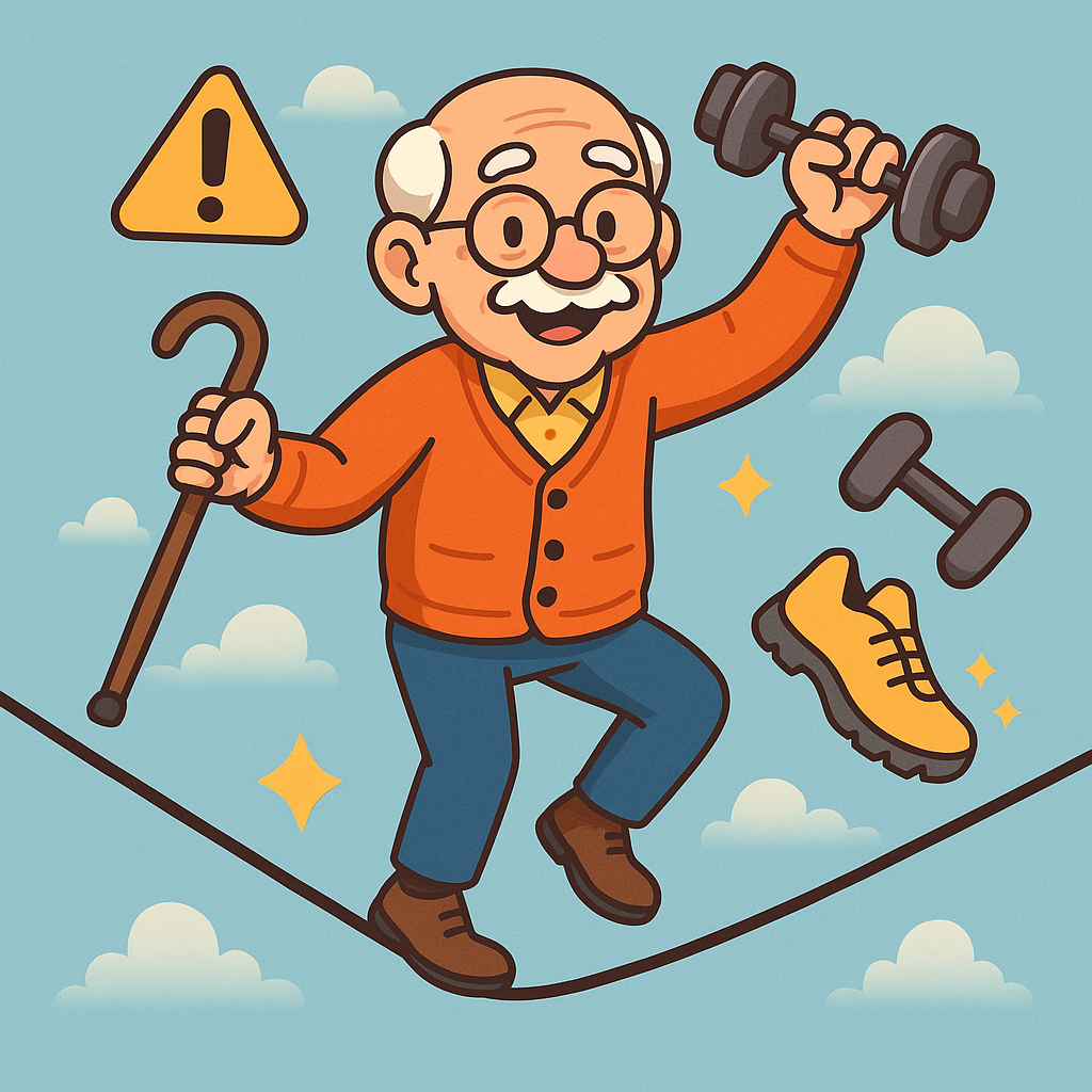 Playful digital illustration of an older adult balancing on a tightrope with a cane in one hand and dumbbell in the other, symbolizing fall prevention and the fight against rising fall-related deaths.