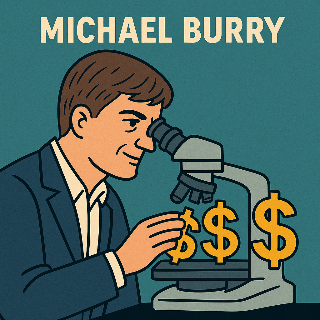 Digital illustration of Michael Burry holding a microscope with dollar signs inside, symbolizing his investment in Bruker Corporation (BRKR).