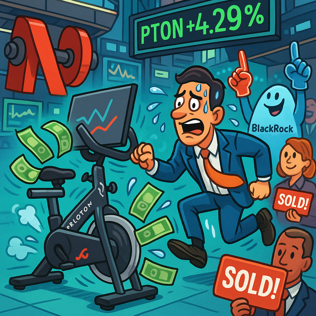 Playful illustration of a Peloton bike with dollar-bill pedals spinning on Wall Street’s trading floor, traders sweating, Netflix-dumbbell in the bg, and institutions cheering while insiders hold ‘SOLD’ signs — symbolizing Peloton’s wild stock ride.