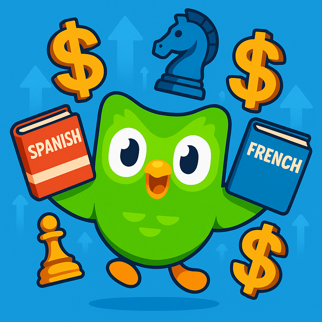 Colorful digital illustration of Duolingo’s green owl juggling language books, dollar signs, and chess pieces, symbolizing growth and innovation.