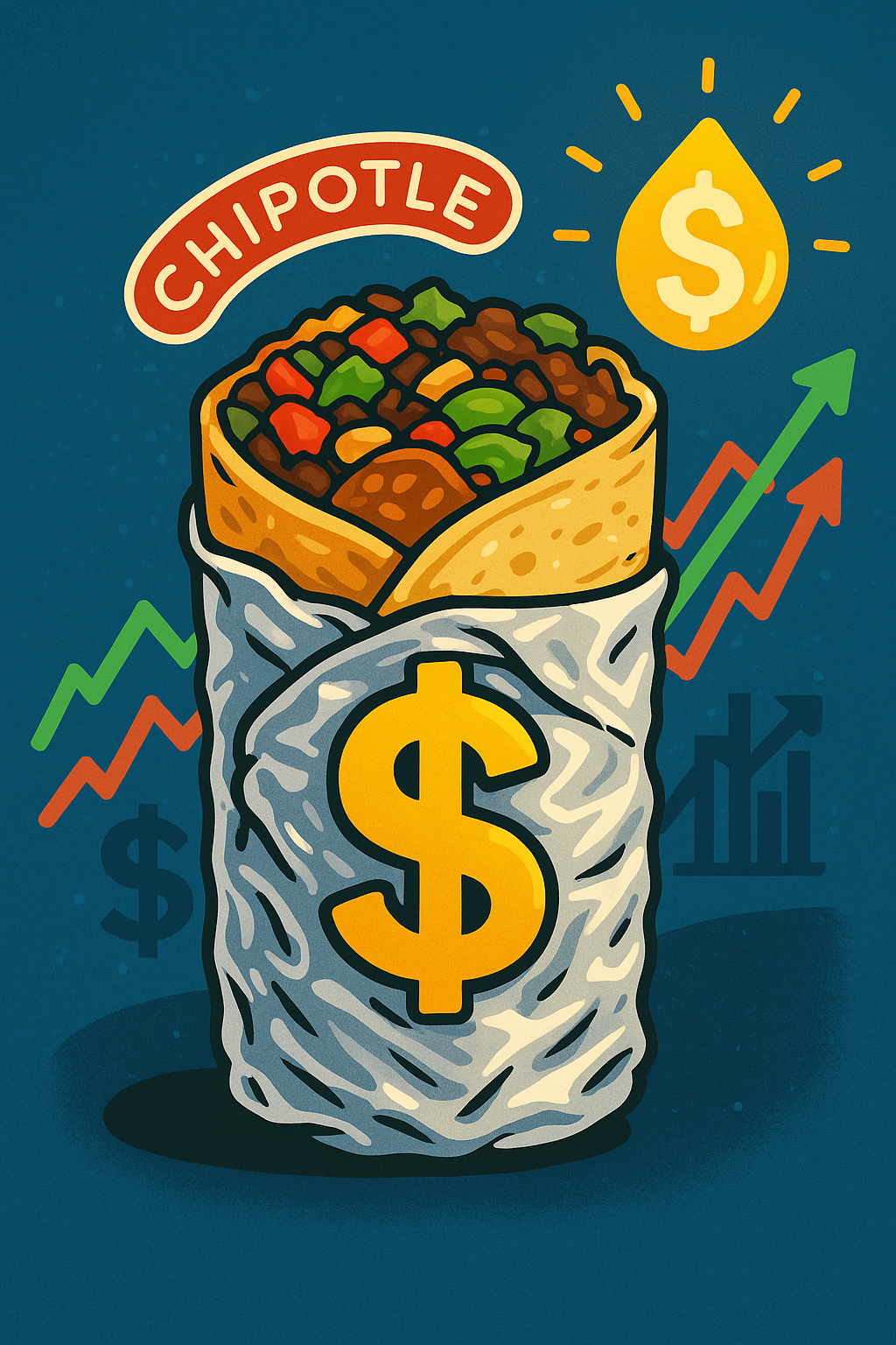 Colorful illustration of a Chipotle burrito wrapped in foil with dollar signs and stock charts bursting out, symbolizing CMG stock as both food and investment.