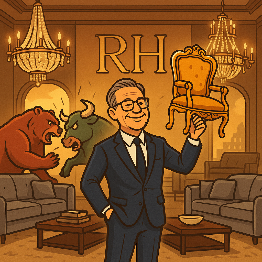 Digital illustration of a luxury showroom with couches and chandeliers, CEO holding a golden chair while bears and bulls fight in the background, symbolizing RH’s stock battle.