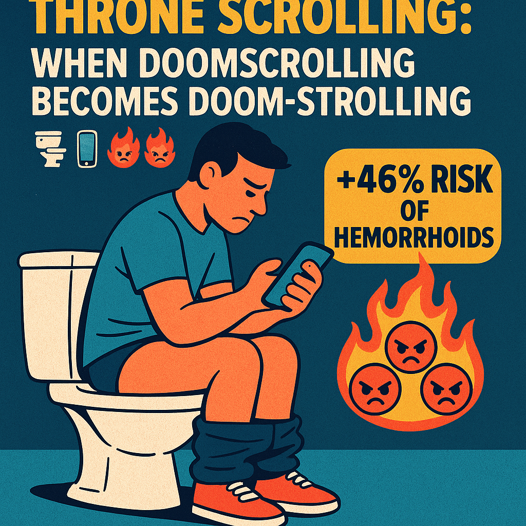A digital illustration features a person doomscrolling on their phone while sitting on a toilet, with bold text warning of a +46% risk of hemorrhoids, flames, and angry emojis symbolizing discomfort.
