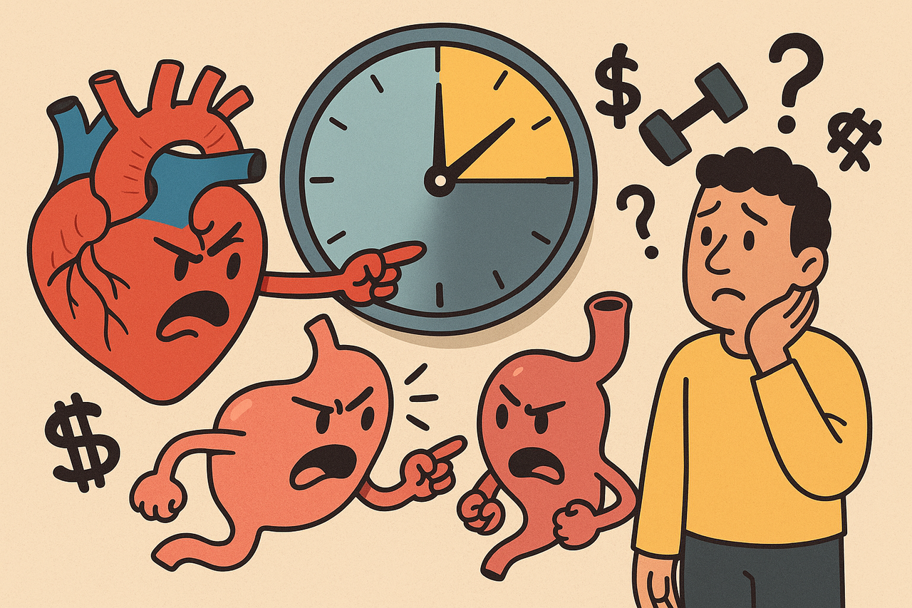 Cartoon of a heart and stomach arguing with a wall clock, symbolizing intermittent fasting risks, with a patient caught in the middle.