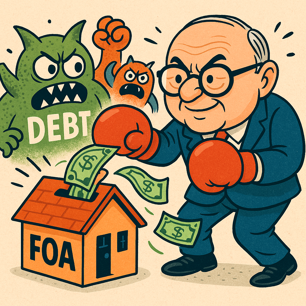 Cartoon of Leon Cooperman boxing debt monsters while dropping dollar bills into a house-shaped piggy bank labeled “FOA,” symbolizing hedge fund bets on Finance of America.