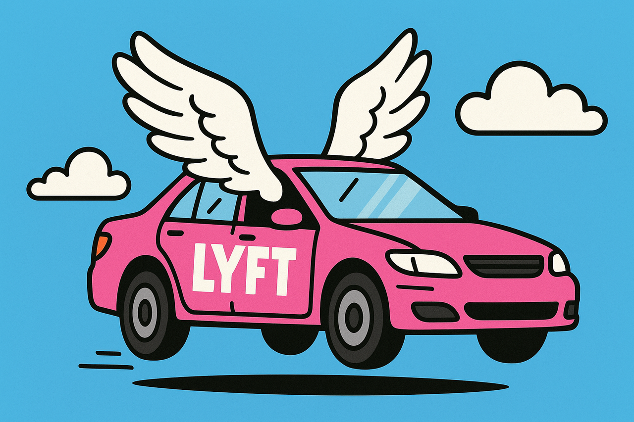 Playful illustration of a Lyft car sprouting wings, symbolizing stock lift-off potential against bigger Uber competition.