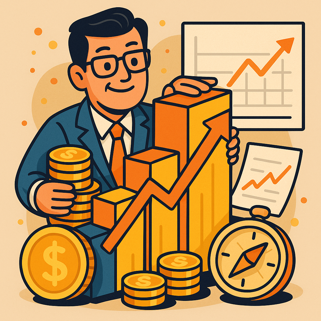Playful illustration of MSCI’s CEO stacking shares like treasure, symbolizing insider buying and Wall Street’s reliance on MSCI indexes and data.