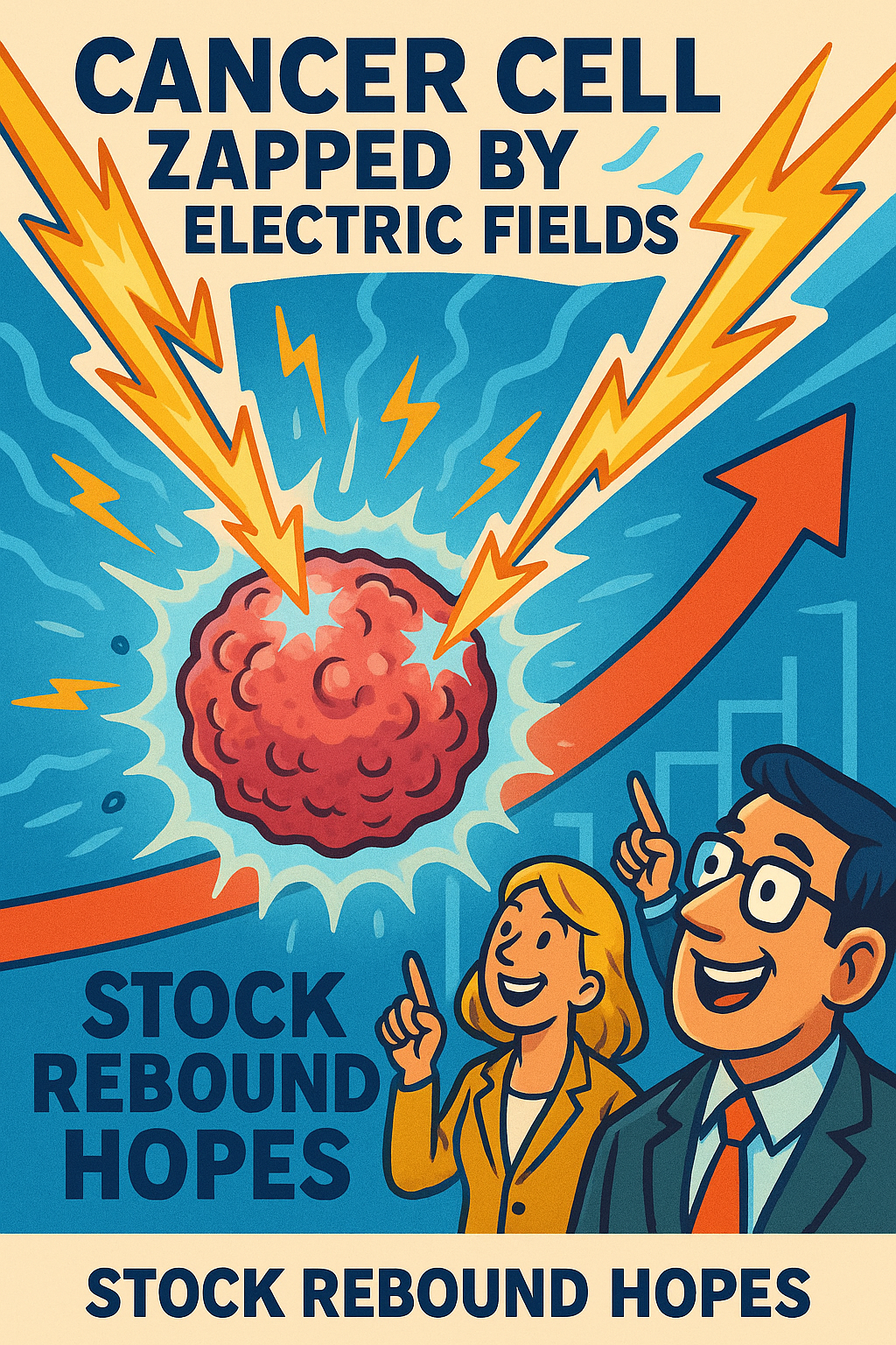 Digital illustration of a cancer cell being zapped by electric fields, symbolizing Novocure’s Tumor Treating Fields and stock rebound hopes.”