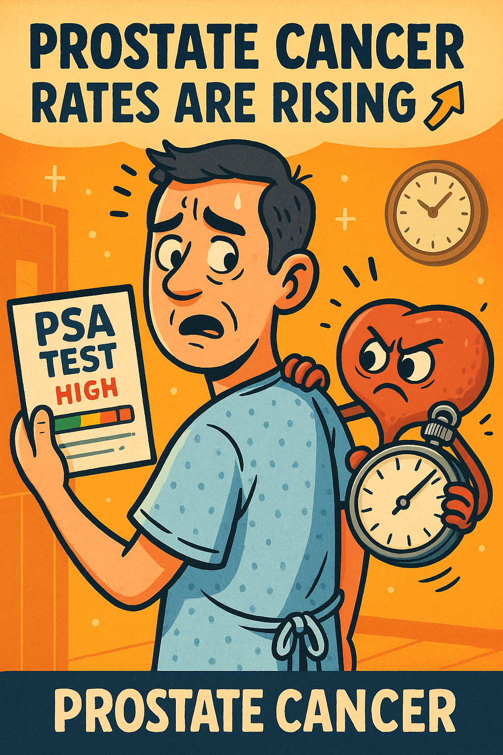 Playful illustration of a worried man in a hospital gown holding a PSA test report, while a cartoon prostate sneaks into the background holding a stopwatch.