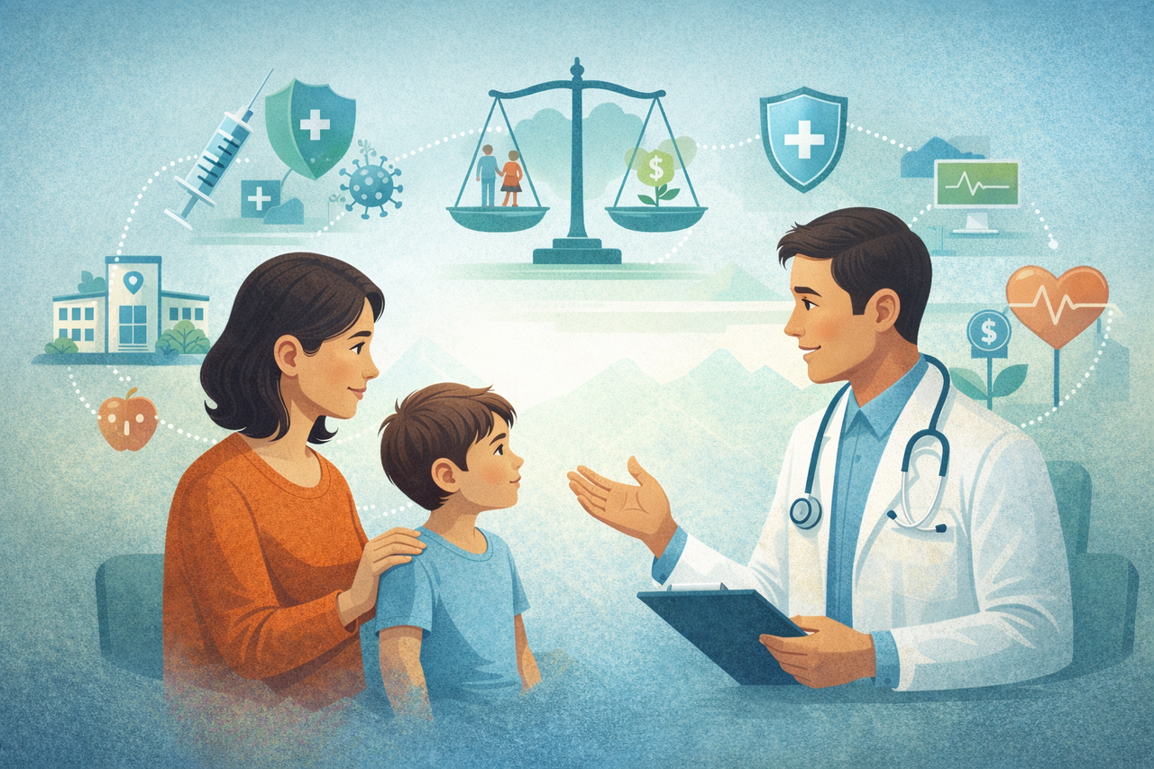 Illustration showing a parent and doctor discussing childhood vaccinations, with symbols representing public health, prevention, education, and long-term well-being.