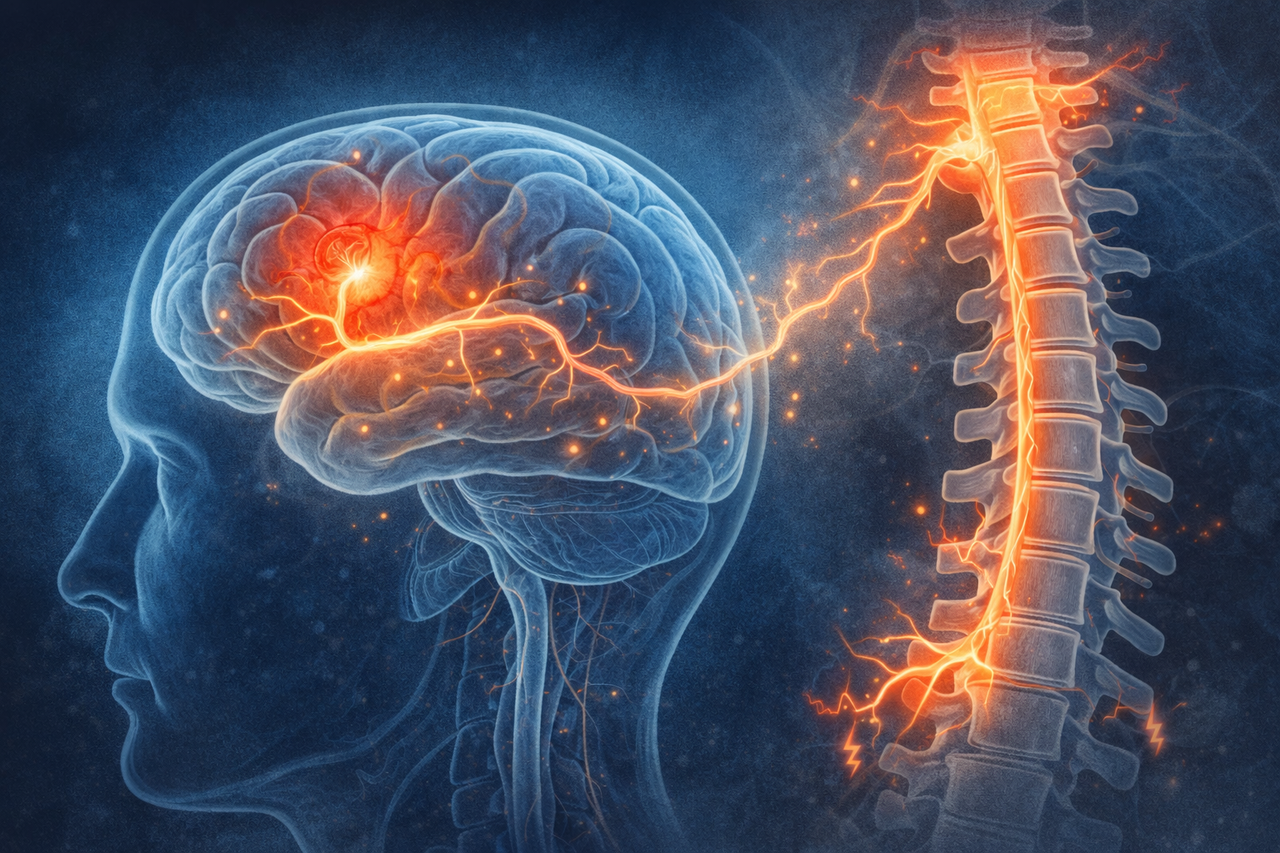 Editorial medical illustration showing a human brain highlighting a small neural circuit linked to chronic pain, with signals flowing between brain and spinal cord, symbolizing new neuroscience insights into pain persistence.