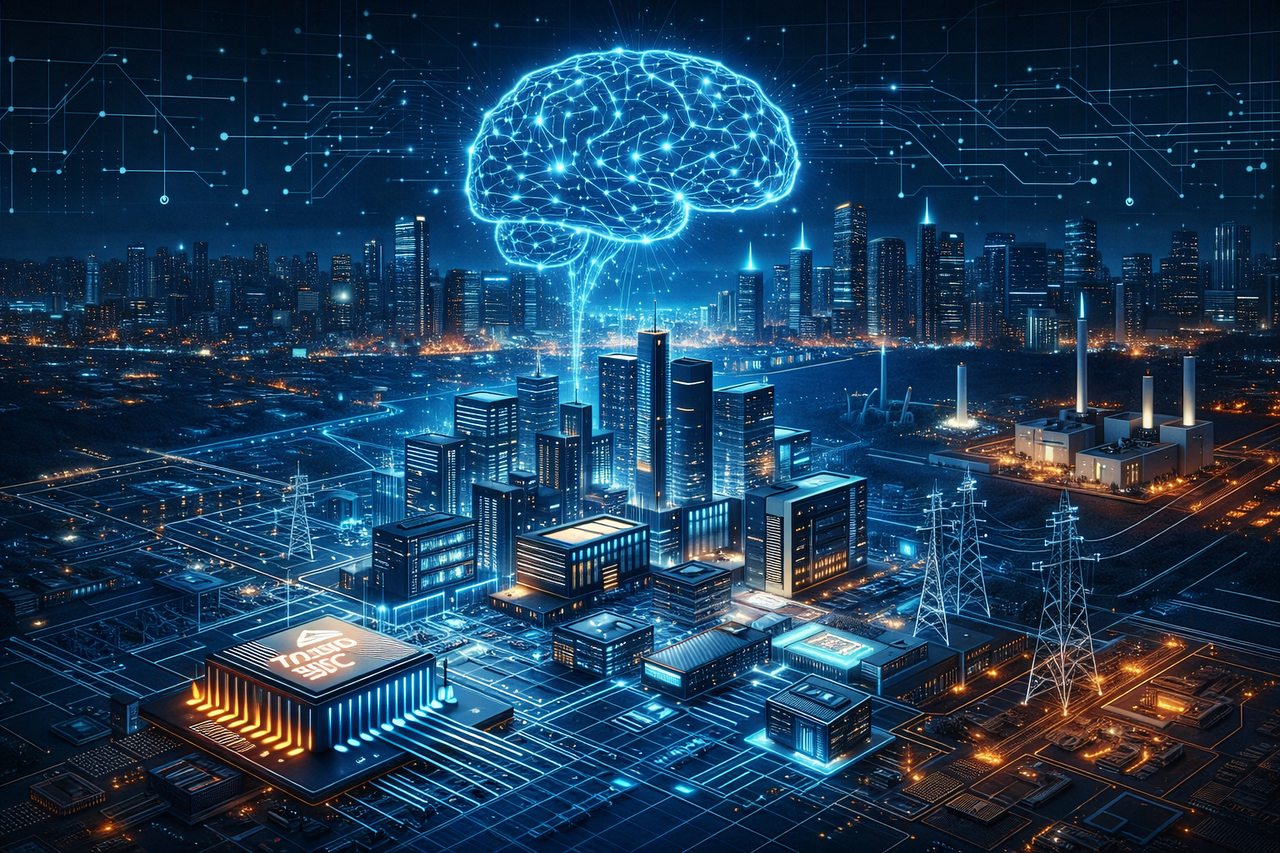 Digital illustration of AI infrastructure with data centers, power grids, and semiconductor chips forming a futuristic city, representing Coatue’s strategy in the token economy.