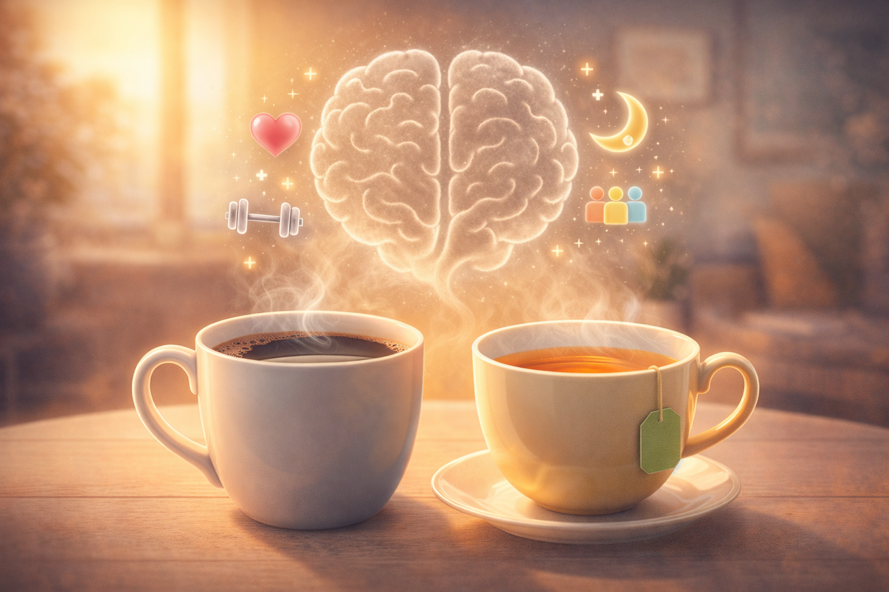 Illustration of coffee and tea cups with a brain-shaped steam cloud, representing the link between caffeine, brain health, and lower dementia risk