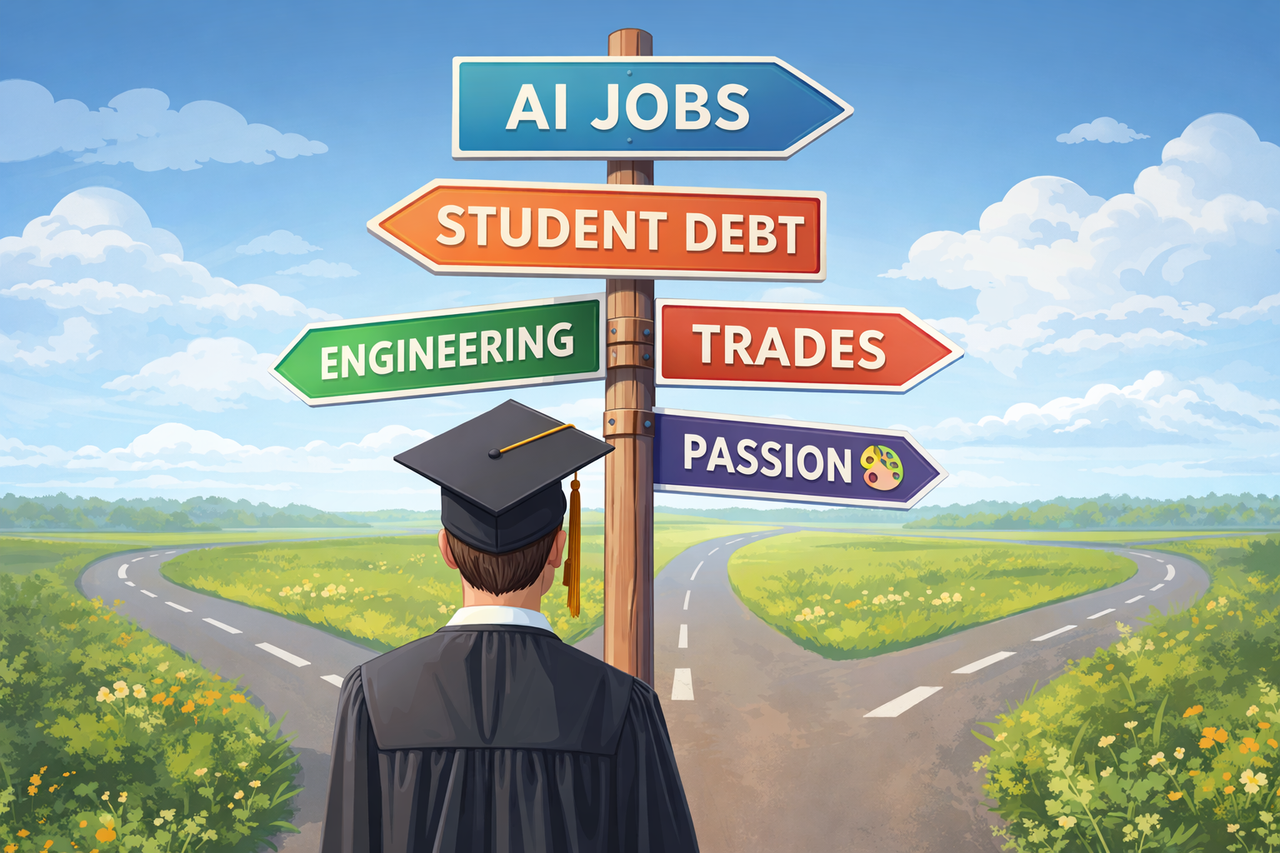 A college graduate wearing a cap and gown stands at a crossroads with signposts pointing toward careers like engineering, AI jobs, trades, and creative arts, symbolizing the difficult choices facing students entering the modern job market.
