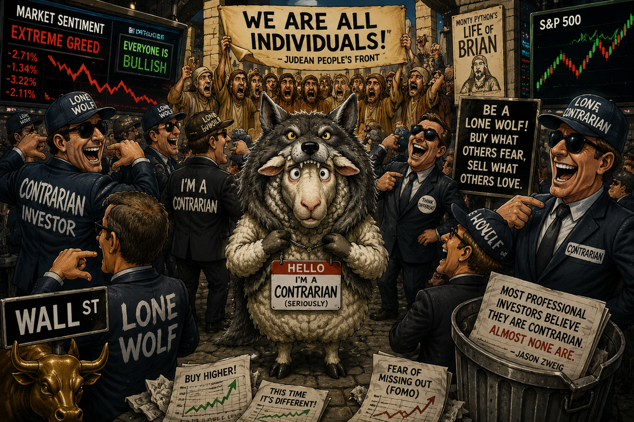Humorous illustration of a sheep disguised as a lone wolf standing among Wall Street investors who all claim to be contrarians, with market charts, herd behavior imagery, and a satirical crowd scene symbolizing Jason Zweig’s quote on contrarian investing.