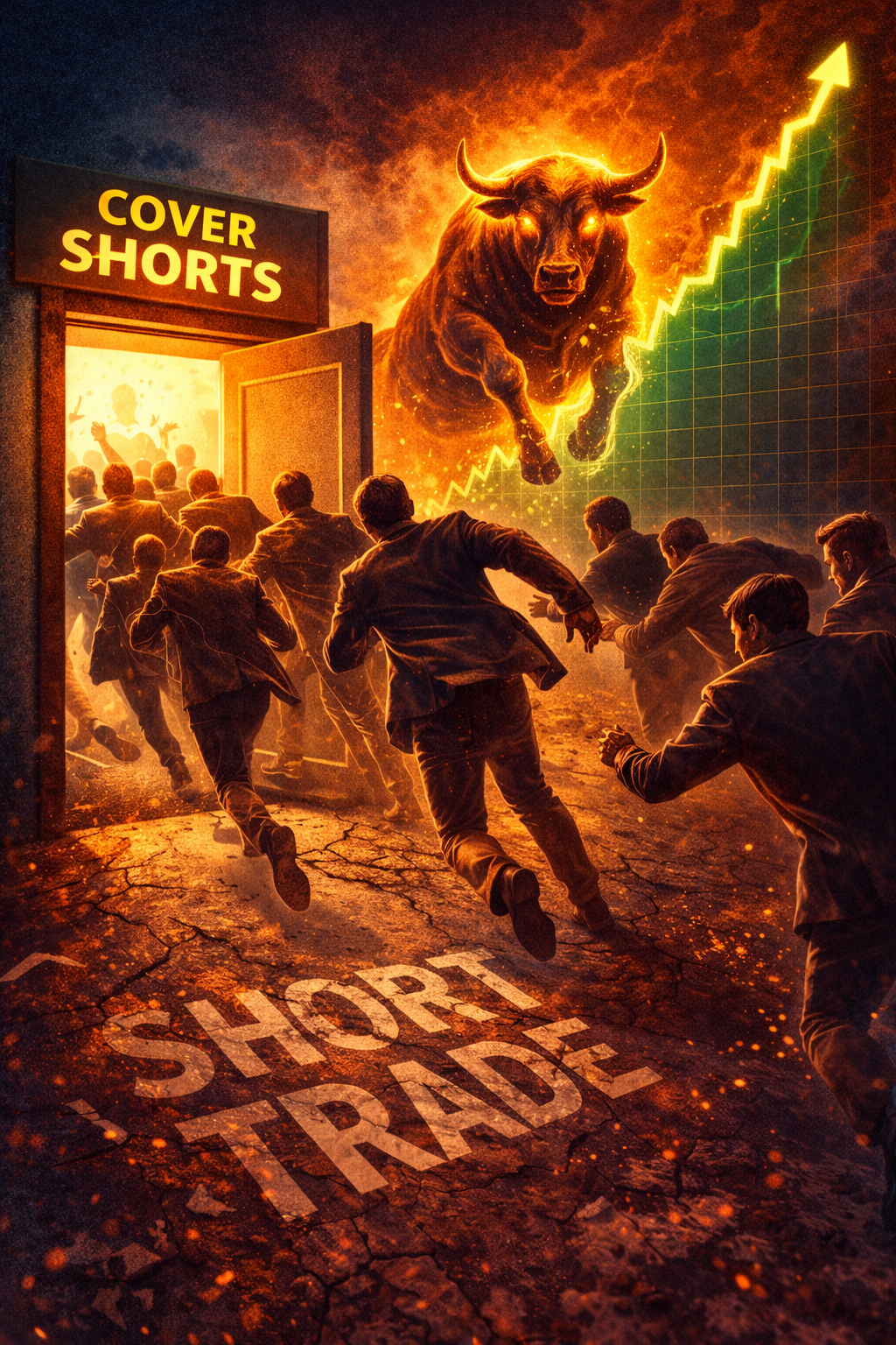 Illustration of hedge fund traders rushing to exit short positions as a rising bull market surges upward, symbolizing a short squeeze triggered by crowded bearish trades.