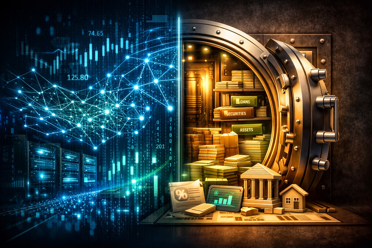 Illustration showing AI-driven data charts transitioning into private credit assets, symbolizing D.E. Shaw’s 2025 quant performance and credit expansion.