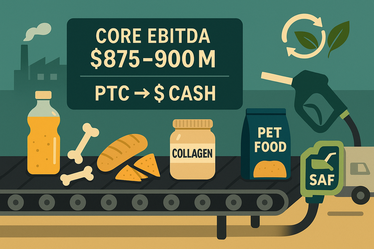 Conveyor transforming by-products into collagen, pet food, and SAF—signaling core EBITDA strength, PTC monetization, and circular-economy value.
