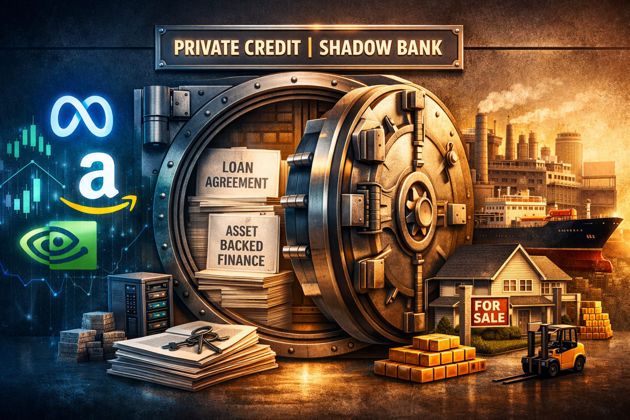 Illustration showing a bank vault transforming into contracts and hard assets, symbolizing Davidson Kempner’s shift toward private credit and asset-backed finance.