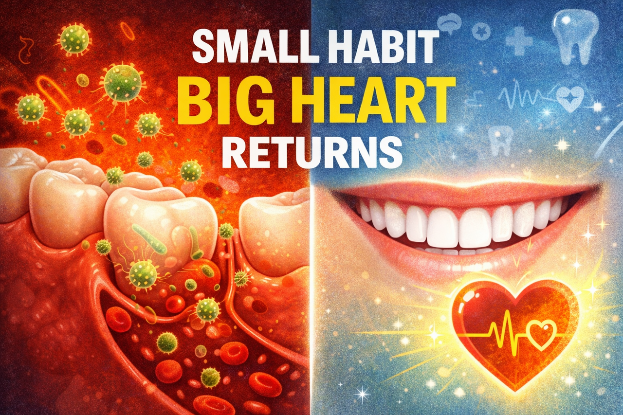 Split illustration showing inflamed gums releasing bacteria into the bloodstream contrasted with healthy teeth and a glowing heart, symbolizing the potential link between dental hygiene and cardiovascular health.
