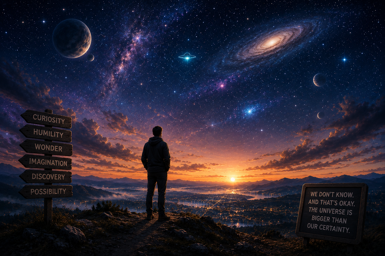 A cinematic night sky filled with stars, galaxies, and distant worlds above a lone moviegoer standing on a hill. A subtle flying object glows softly in the distance while beams of light illuminate the horizon. The scene evokes wonder