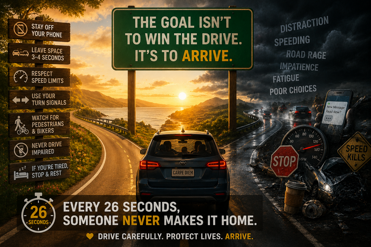 A family car drives safely at sunset. Ahead, the road splits into one path illuminated by golden light representing defensive driving; the other fades into storm clouds filled with warning signs. 