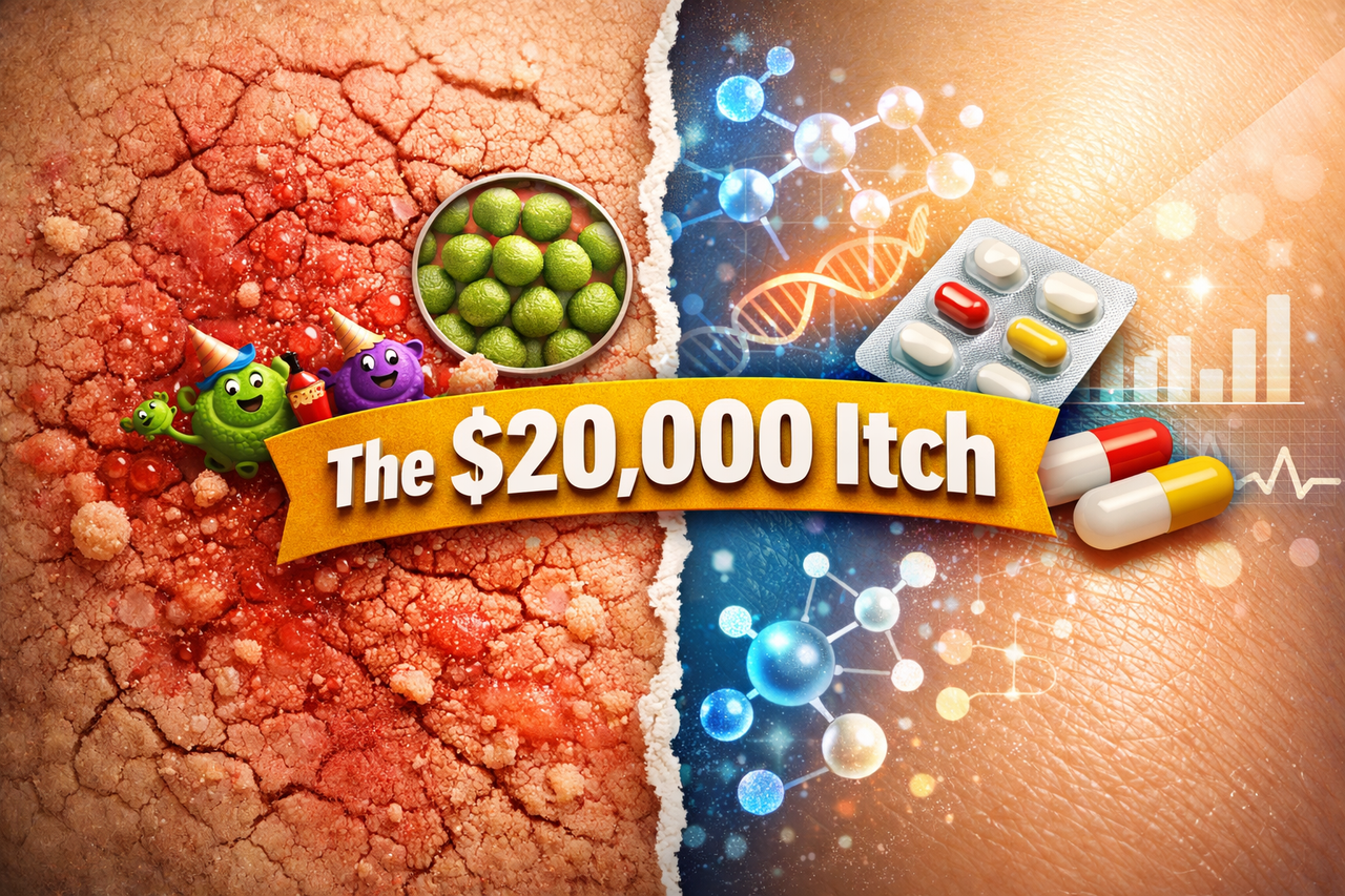 Split illustration of eczema showing cracked, inflamed skin with bacterial presence on one side and smooth, healthy skin on the other, symbolizing the impact of atopic dermatitis and modern treatments like JAK inhibitors.