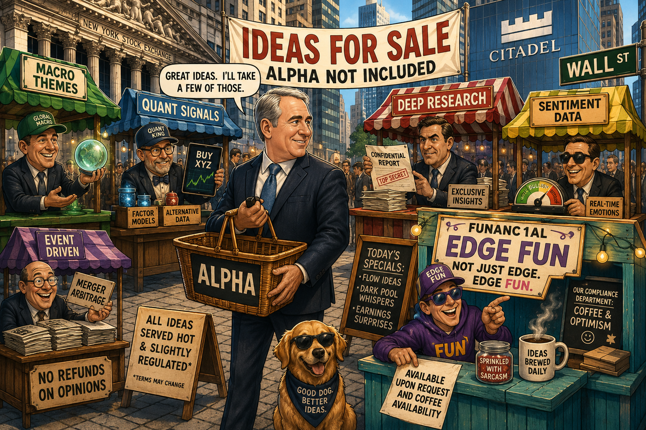 A humorous Wall Street marketplace where hedge fund managers run colorful idea stands. Ken Griffin walks through the crowd carrying a shopping basket labeled 