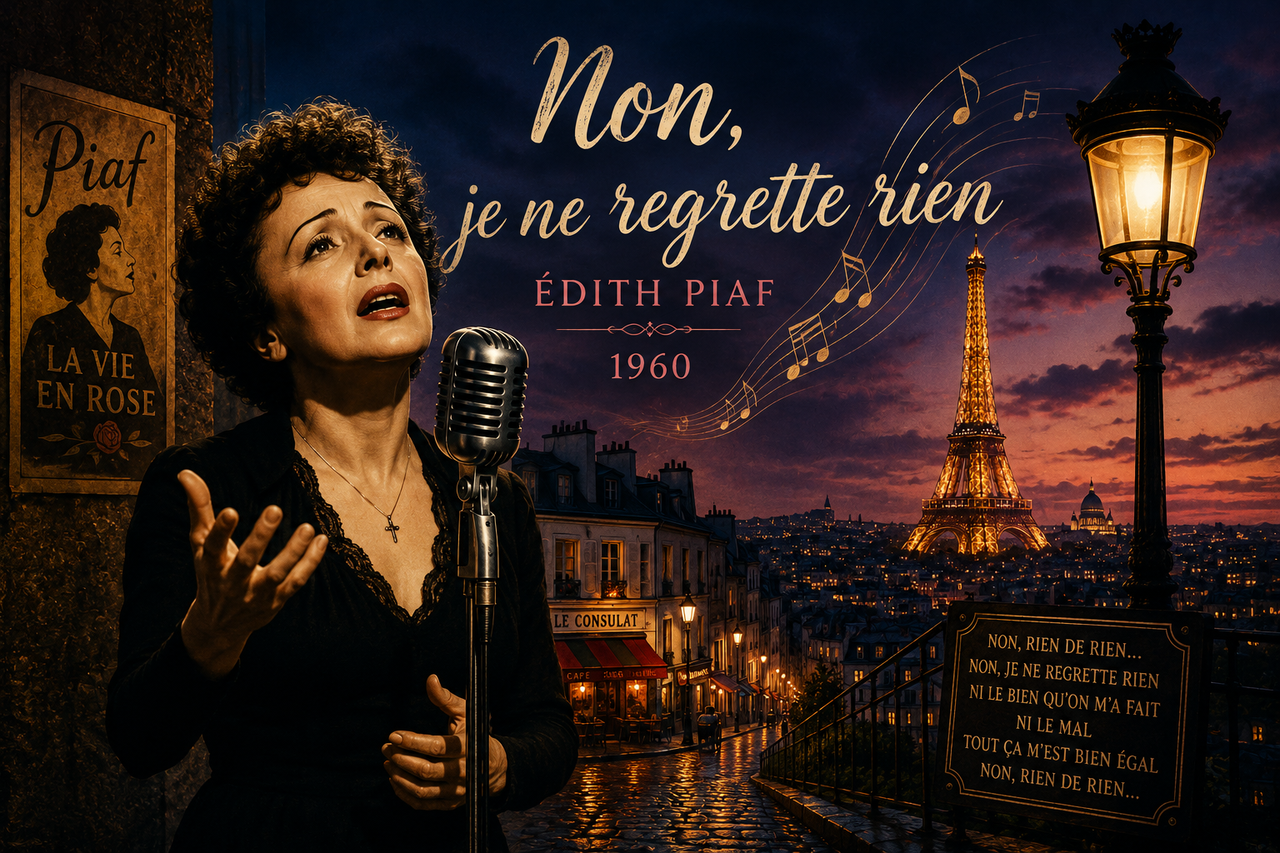 Editorial illustration of Édith Piaf standing beneath a vintage Paris streetlamp at twilight, passionately singing 