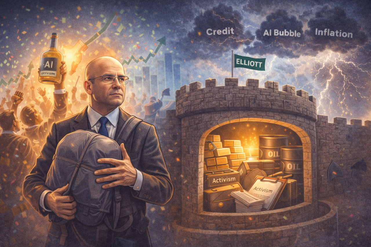 Editorial illustration of Elliott Investment Management’s defensive hedge fund strategy, showing a fortified portfolio with hedging, activism, and hard assets amid a volatile 2025 stock market rally.