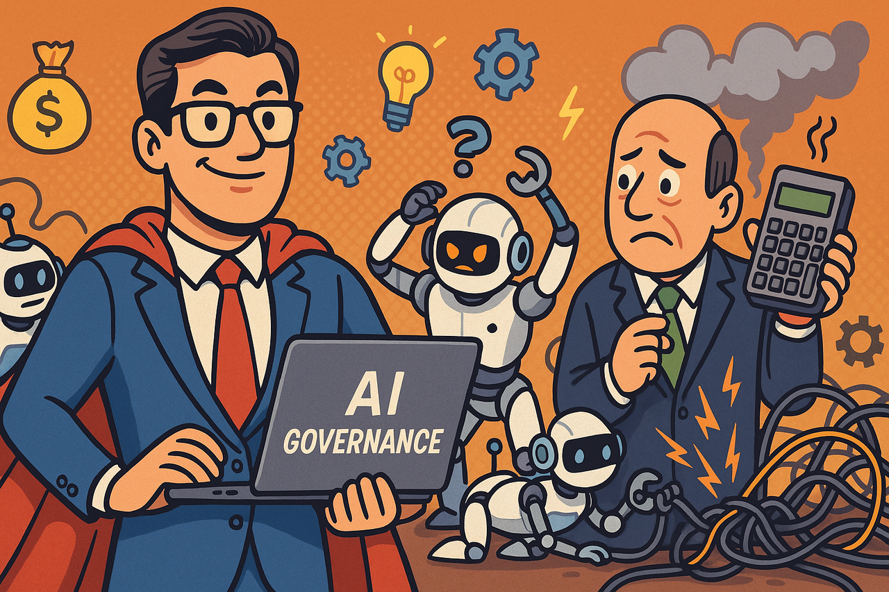 Digital illustration of a CIO in a superhero cape holding a laptop labeled ‘AI Governance’ while robots scramble behind him fixing cables and a CFO holds a calculator with smoke coming out.