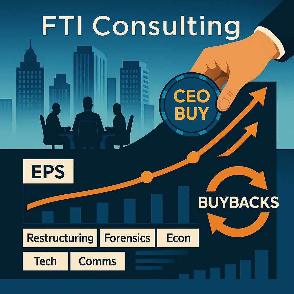 Boardroom skyline with five FTI segments feeding a rising EPS line; ‘CEO BUY’ chip and buyback arrows signal insider conviction and capital returns.”