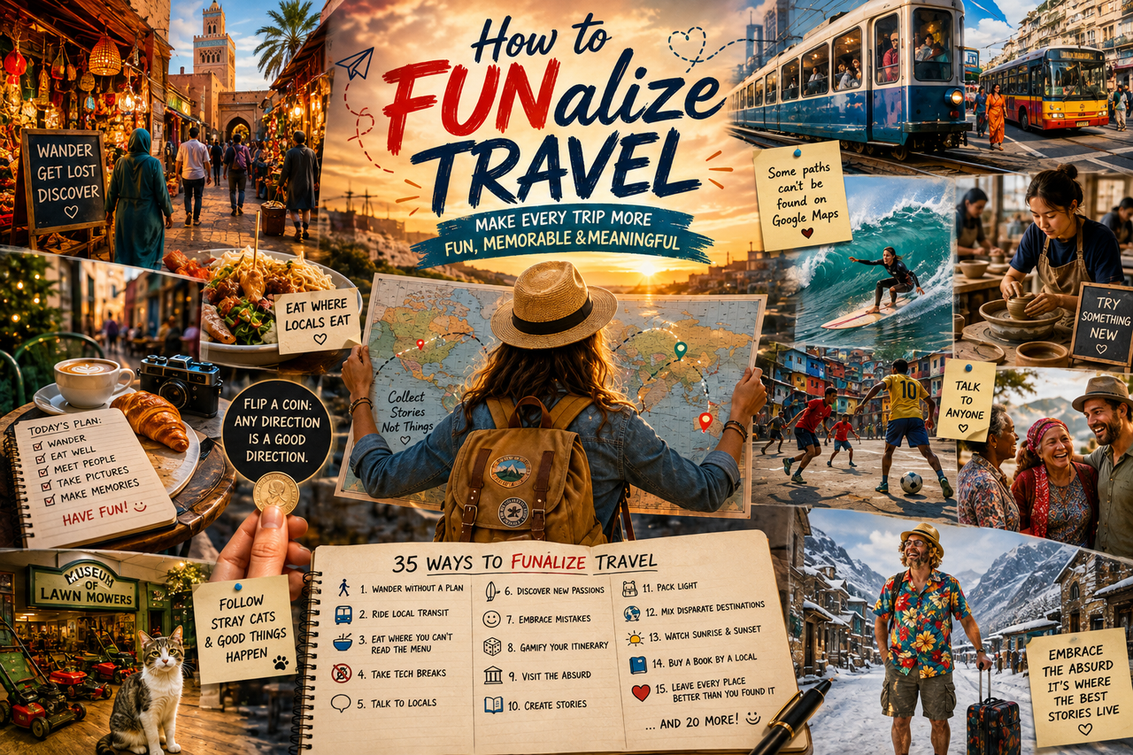 Editorial illustration celebrating creative travel through spontaneous adventures, local culture, street food, hidden destinations, new passions, playful exploration, meaningful human connections, and the FUNanc1al philosophy of FUNalization™.