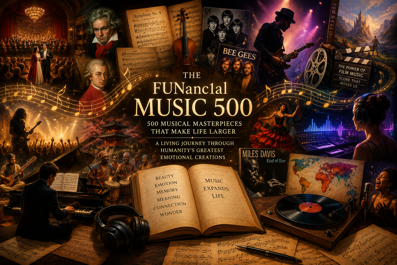 Image representing the FUNanc1al Music 500, featuring a glowing archive of musical masterpieces spanning opera, rock, jazz, and world music, with floating musical notes, orchestras, and listeners immersed in wonder across cultures and centuries.