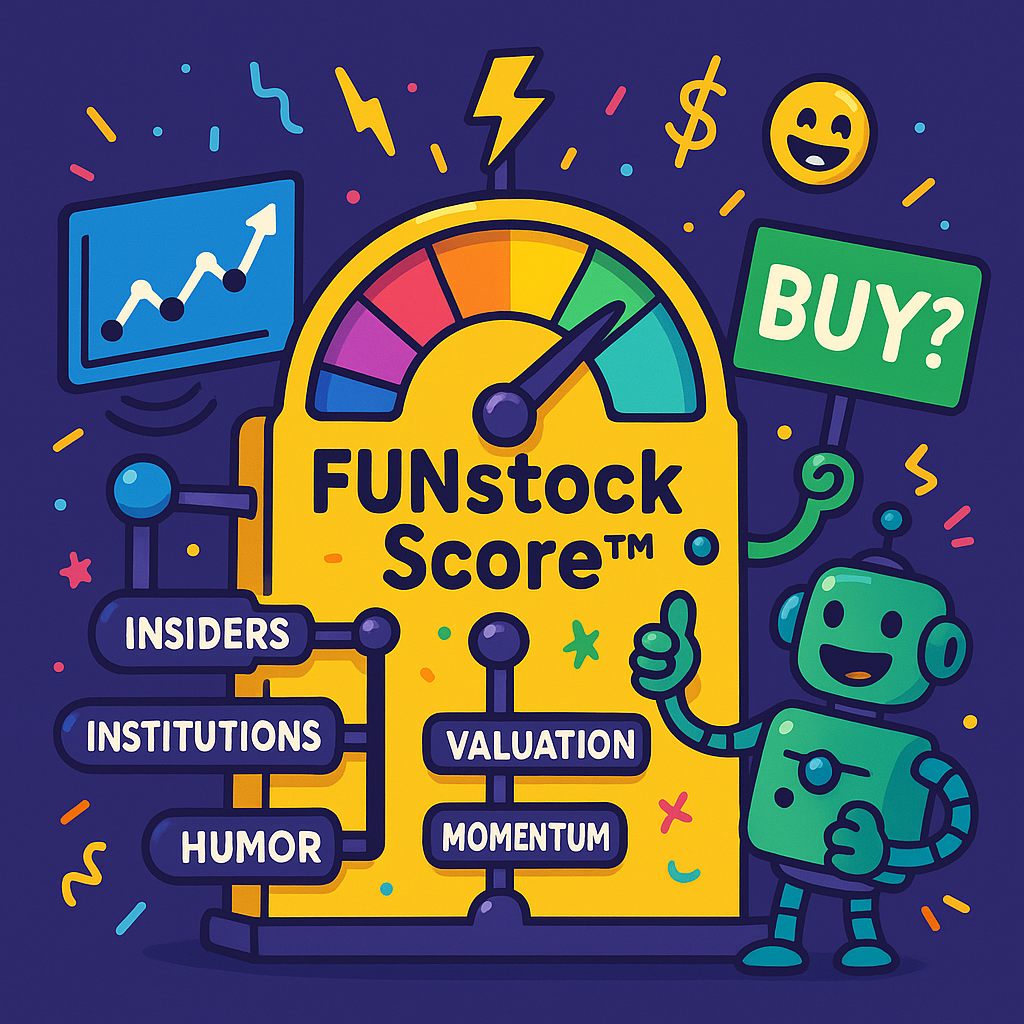 Colorful cartoon machine calculating the FUNstock Score with levers for insiders, institutions, valuation, momentum, humor, and a goofy robot giving a thumbs-up.