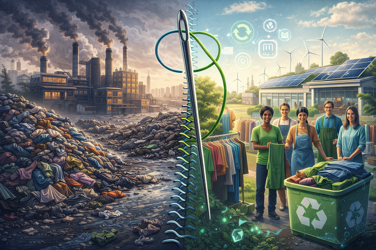 Illustration showing the fashion industry’s environmental and human impact contrasted with sustainable, ethical, and circular fashion solutions.