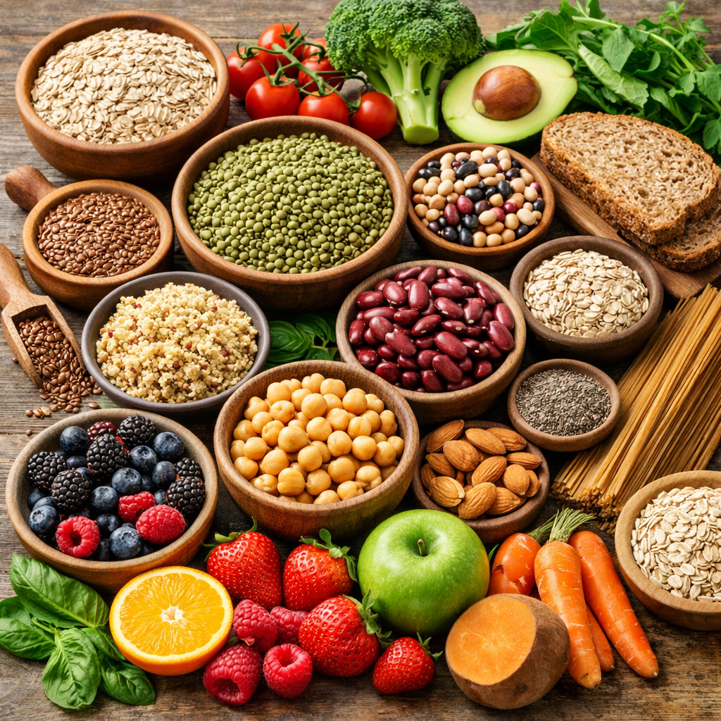 A colorful assortment of high-fiber foods like lentils, oats, beans, berries, and vegetables displayed on a table, representing healthy and affordable eating.