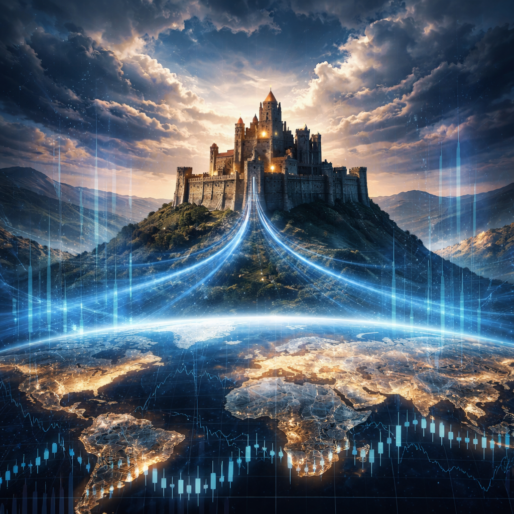 A stylized fortress overlooking a global financial landscape with stock charts, world map overlays, and shifting clouds, symbolizing a macro-driven investment strategy managing global markets.