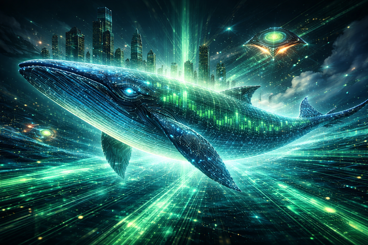 A giant glowing whale made of financial charts swimming through a futuristic data ocean, symbolizing a massive investment portfolio driven by AI and technology stocks.