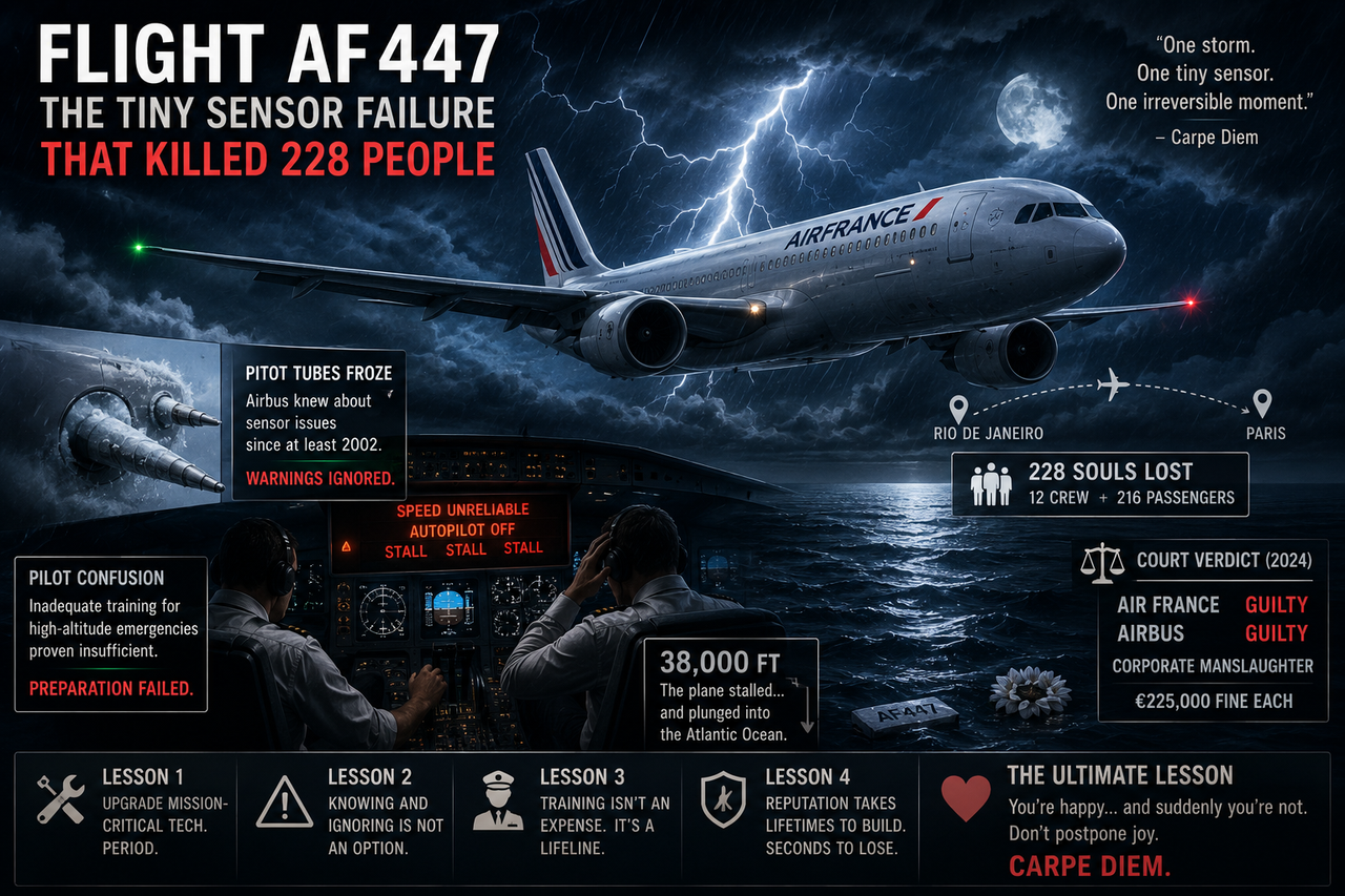 A dramatic illustration of a commercial passenger jet flying through violent Atlantic storm clouds at night, with glowing cockpit warning signals and frozen airspeed sensors highlighted subtly.
