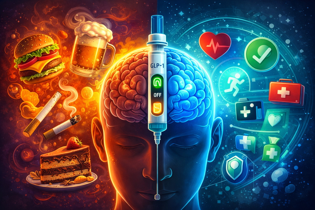 Split digital illustration showing addictive temptations like junk food, alcohol, and cigarettes fading away as a GLP-1 medication activates a brain “off switch,” symbolizing reduced cravings.
