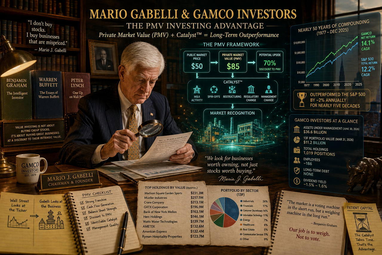 Editorial illustration depicting Mario Gabelli's Private Market Value investing philosophy, institutional value investing, long-term compounding, catalyst-driven investing, hedge fund portfolio management, and financial analysis.