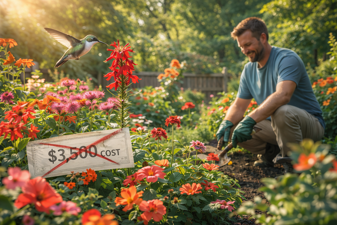 A colorful Connecticut garden filled with nectar-rich flowers attracting a hovering hummingbird, with a homeowner gardening in sunlight, symbolizing the health and financial benefits of DIY gardening.