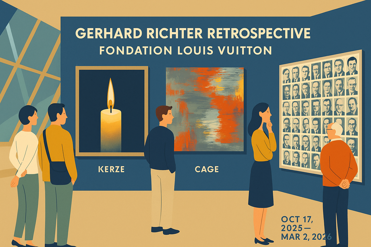 Gerhard Richter retrospective at Fondation Louis Vuitton—visitors viewing Kerze, Cage abstracts, and 48 Portraits; dates Oct 17, 2025–Mar 2, 2026; Paris museum travel.