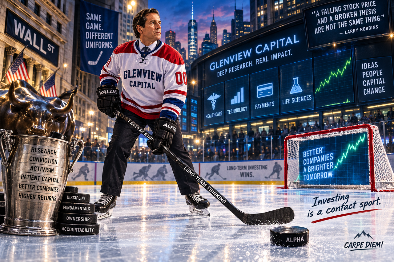 Larry Robbins-inspired hedge fund investor on a Wall Street hockey rink, representing Glenview Capital, CVS activism and high-conviction investing.