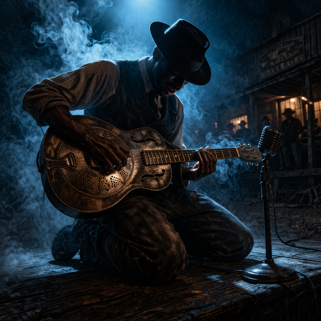 Cinematic scene of a lone blues guitarist playing a vintage Dobro resonator guitar under moody blue lighting, surrounded by smoke—evoking the raw, supernatural blues energy of Sinners (2025).
