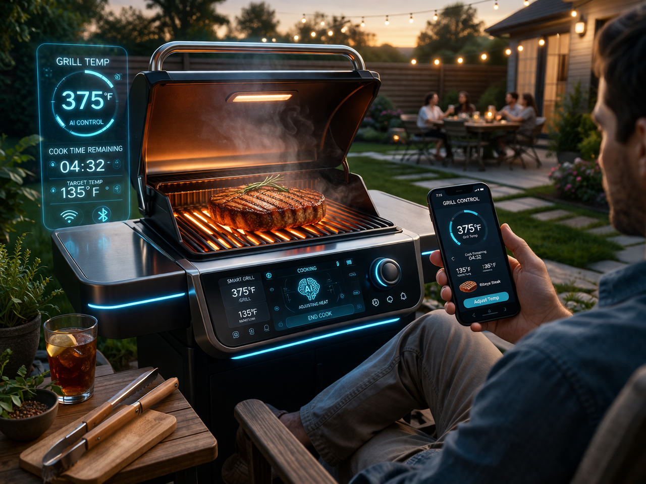 Futuristic smart grill with digital interface and glowing heat cooking a steak while being controlled from a smartphone, representing AI-powered outdoor cooking technology.