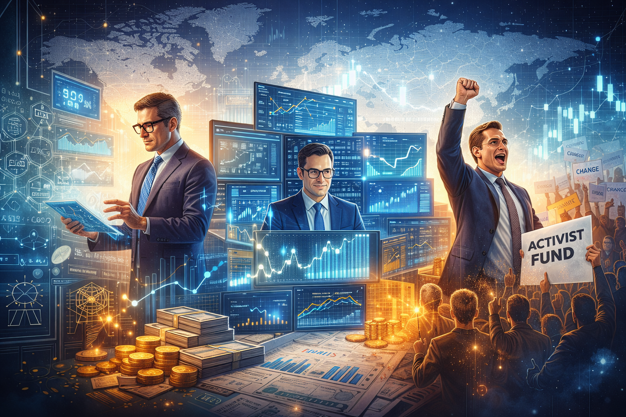 Editorial illustration representing the world’s top hedge funds in 2025, featuring data-driven investing, quantitative strategies, activist funds, and global market analysis.