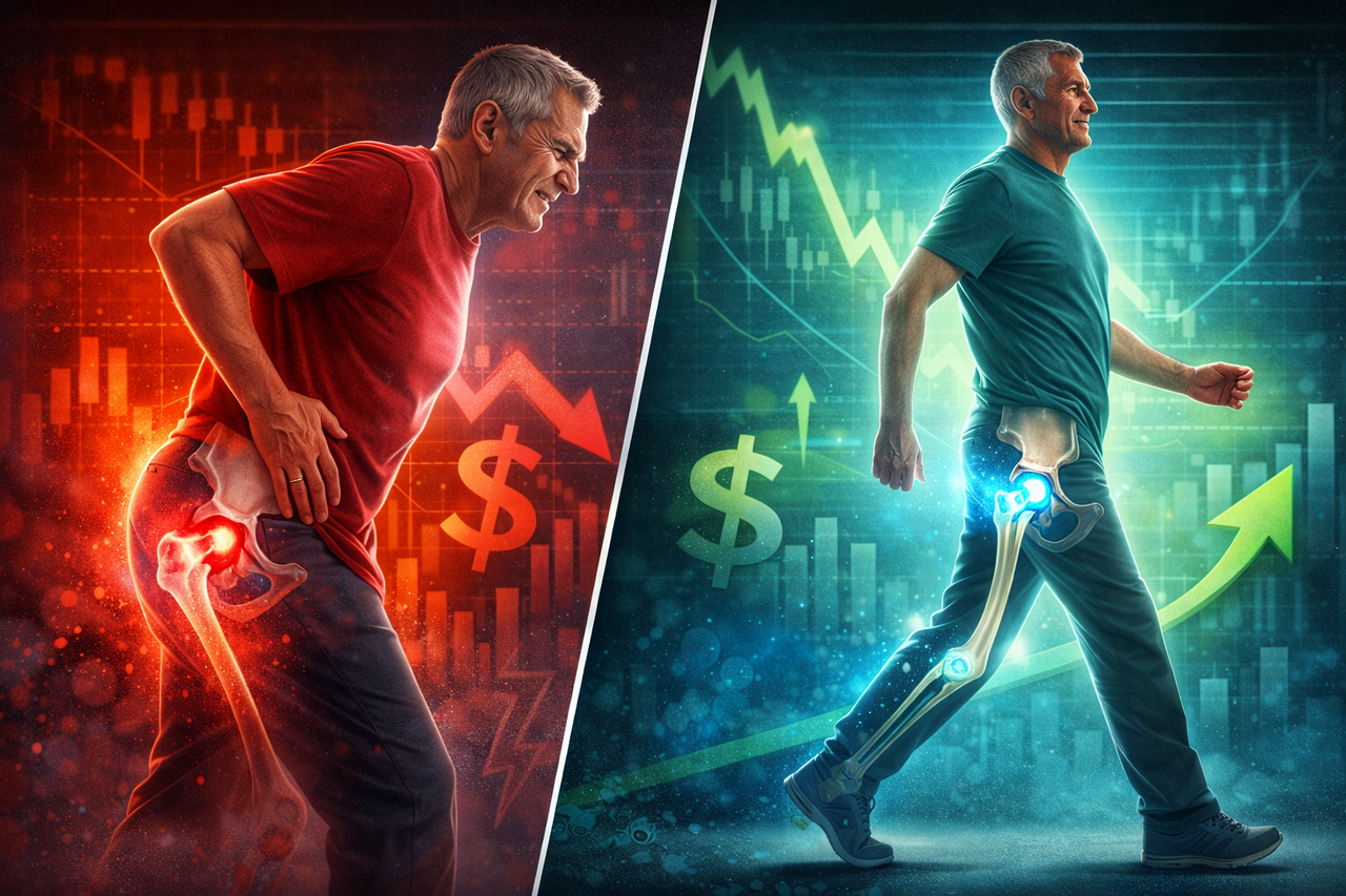 Illustration of hip replacement showing painful damaged joint contrasted with glowing artificial hip representing improved mobility and recovery